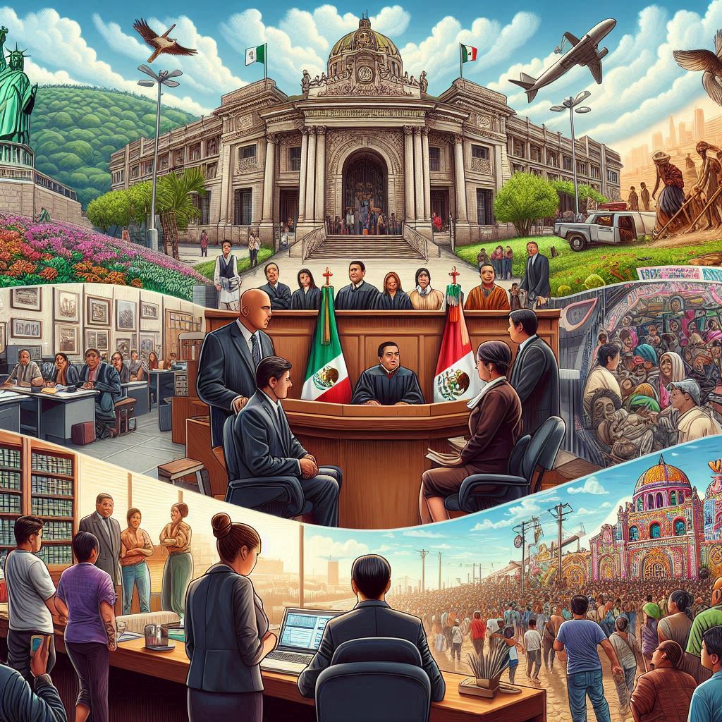 ilustración realista de áreas de especialidad del derecho en México